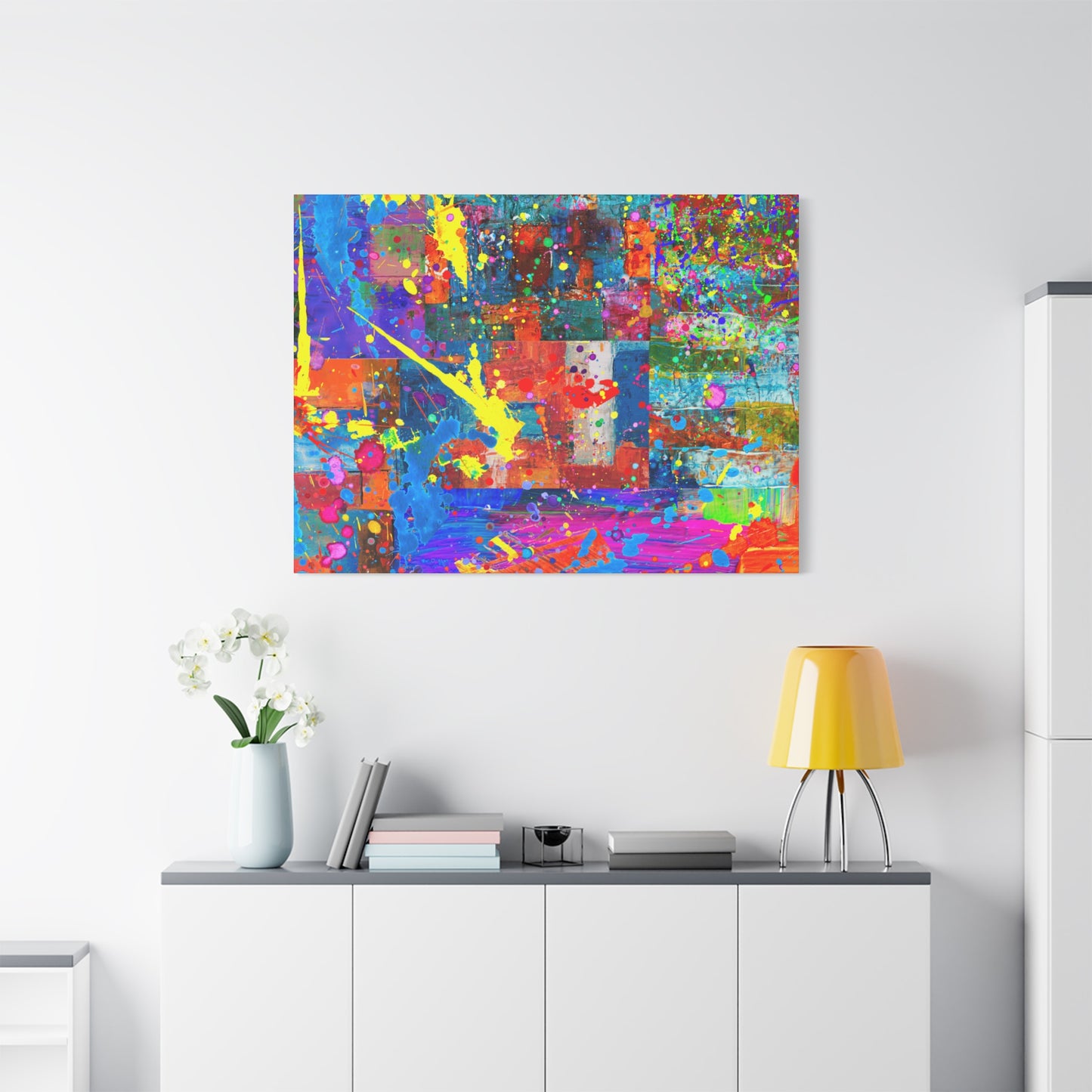 Vivid Neon Chaos Canvas Print Abstract Patchwork Splatter Art - Paragon Prints