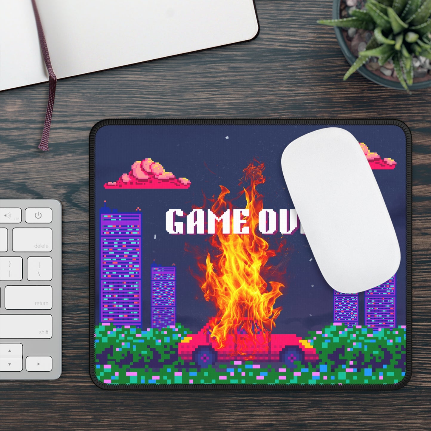 8bit retro game over mousepad featuring vibrant pixel art with fire and urban skyline