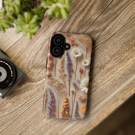 Aesthetic pressed flower floral design phone cover showcasing vibrant flowers against a neutral background.