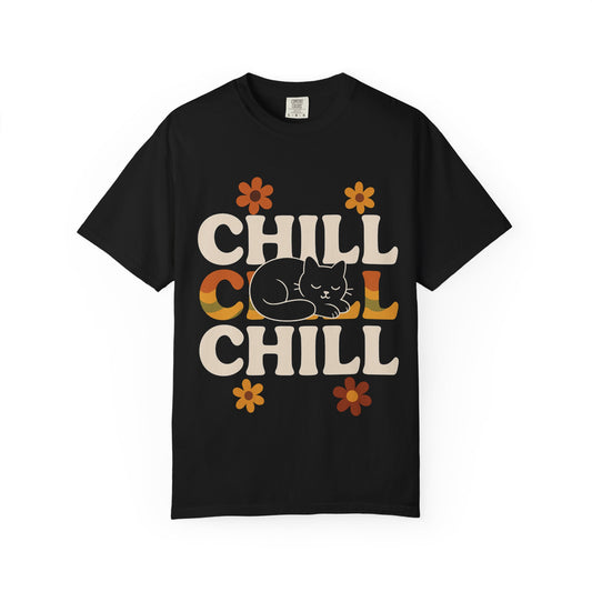 Black chill vibe cat t-shirt featuring a sleeping cat and retro flower design