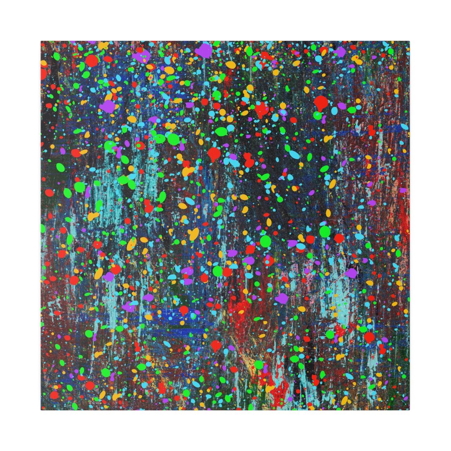 Printify color drip explosion art canvas print with vibrant multicolor paint splatters on dark background
