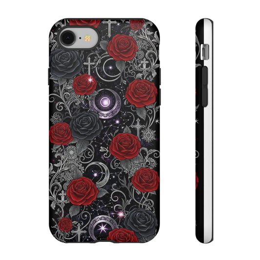 Dark gothic red rose tough phone case featuring intricate floral and celestial design