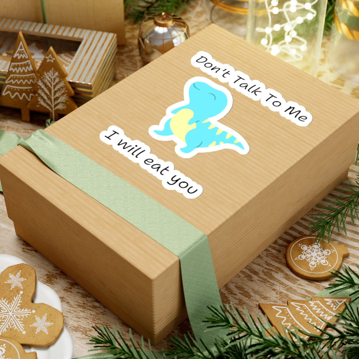 Do not talk to me funny cute dino sticker with blue dinosaur on a wrapped gift box