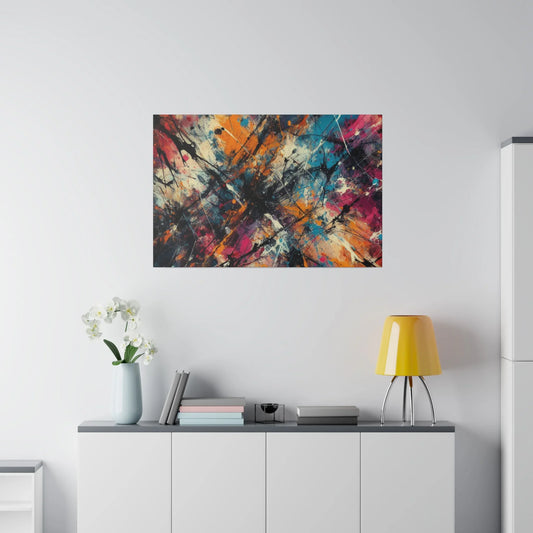 Vibrant electric chaos abstract canvas art print displayed in a modern living room setting