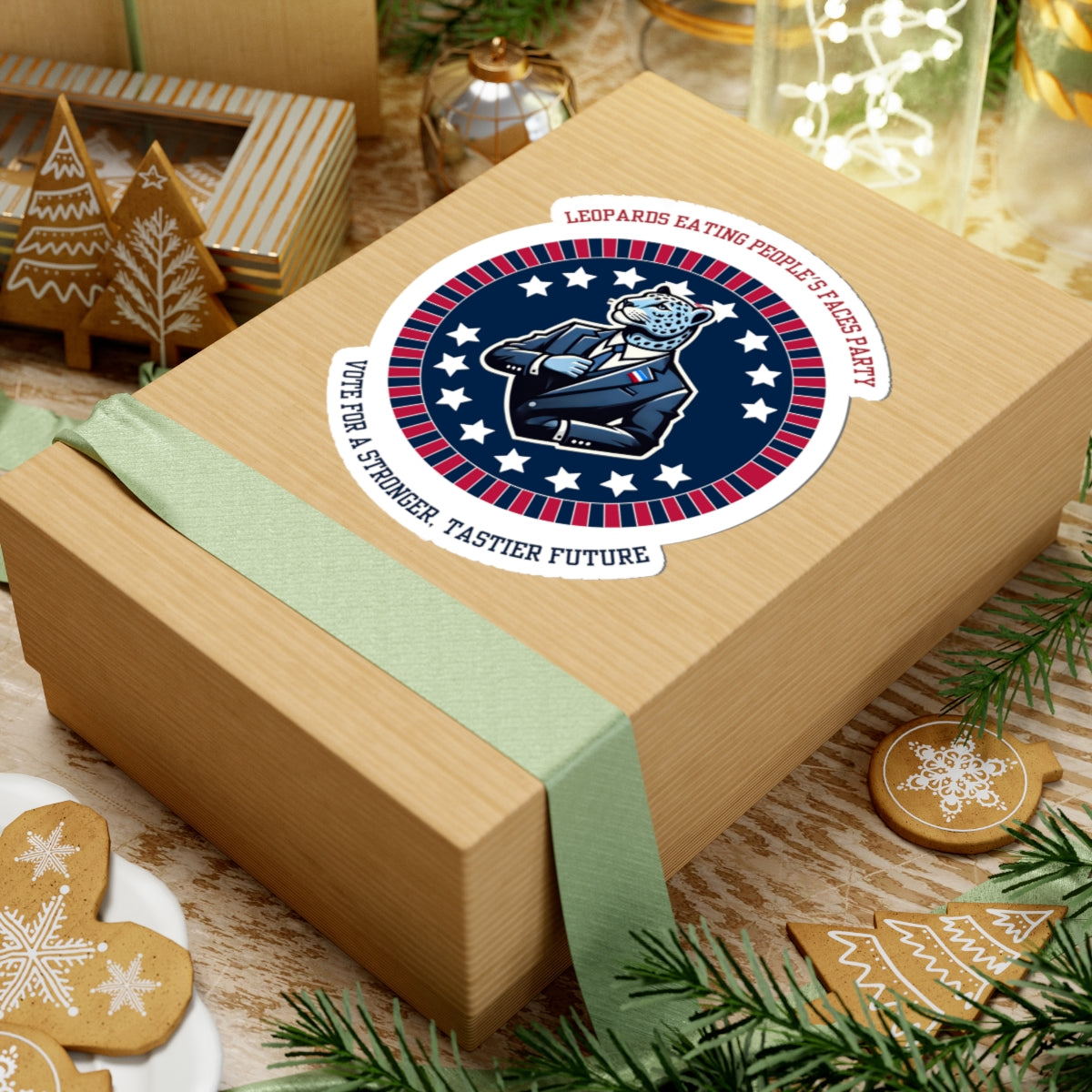 Funny political leopard face eating party sticker on a wrapped gift box with festive decorations