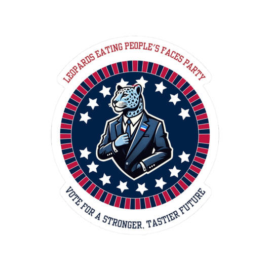 Funny political leopard face eating party sticker with a leopard in a suit surrounded by stars