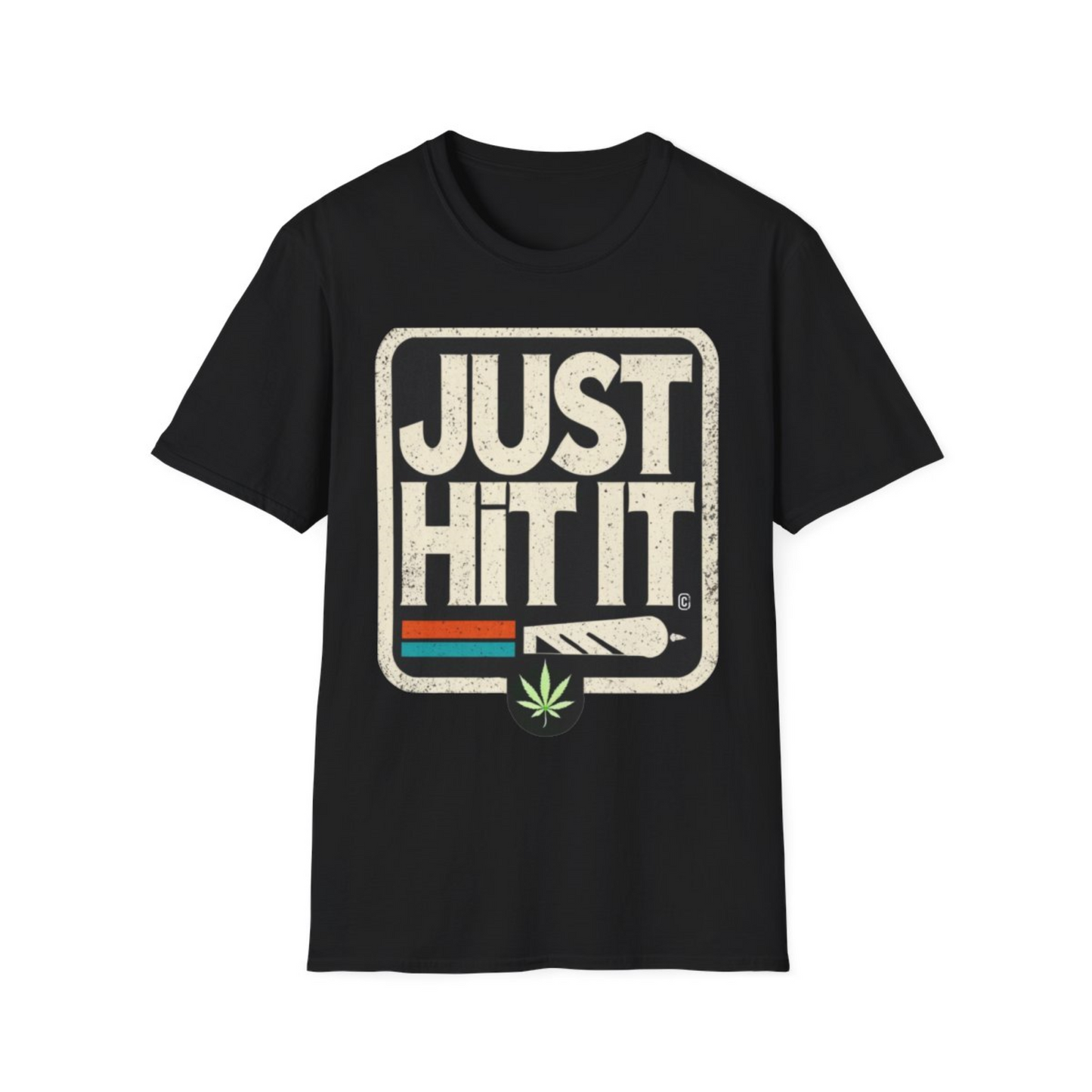 Printify black t shirt with retro JUST HIT IT joint graphic and weed leaf funny weed just do it meme t-shirt