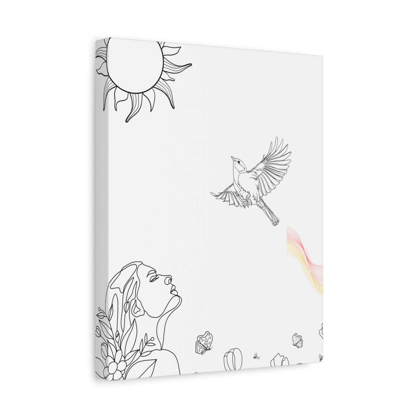 Healing line art canvas print by Printify featuring a woman, bird, and sun in minimalist black lines