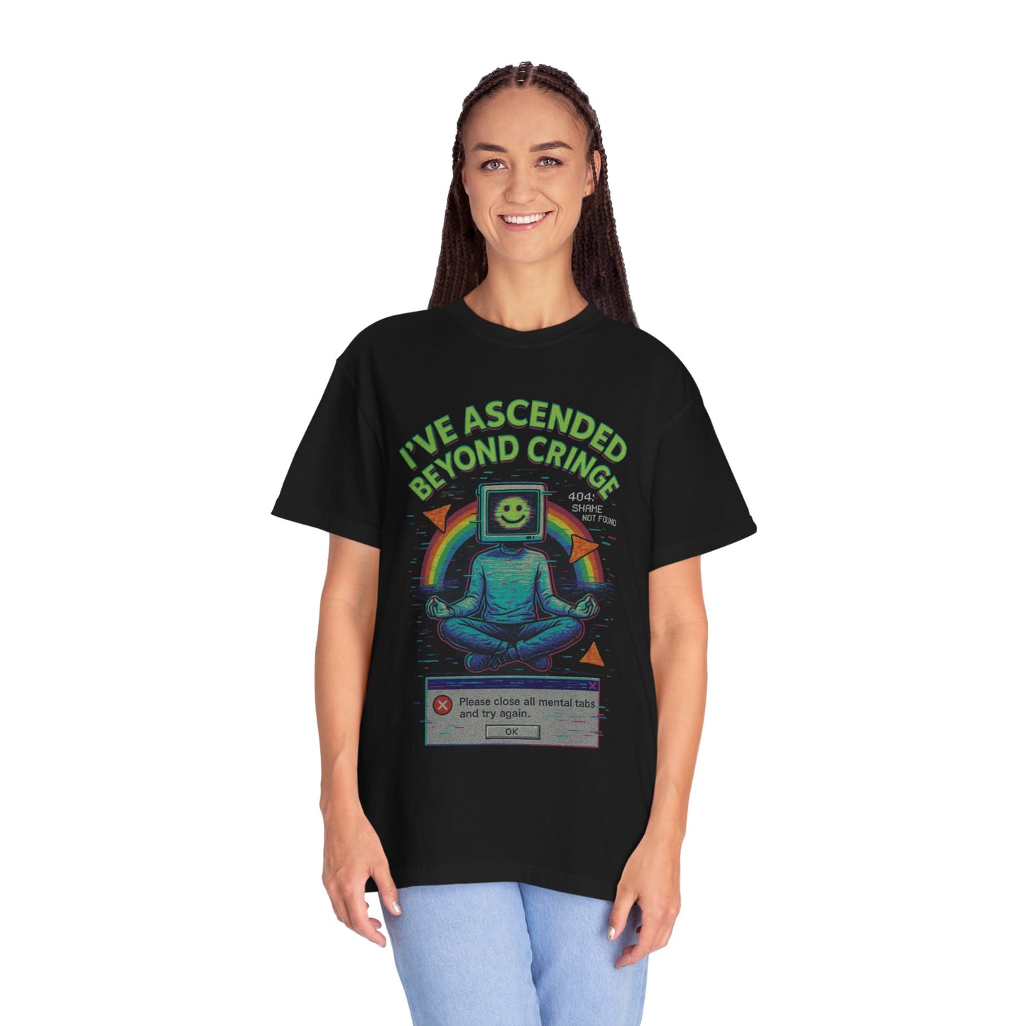 I've Ascended Beyond Cringe Y2K Aesthetic unisex t-shirt in black featuring a colorful graphic design