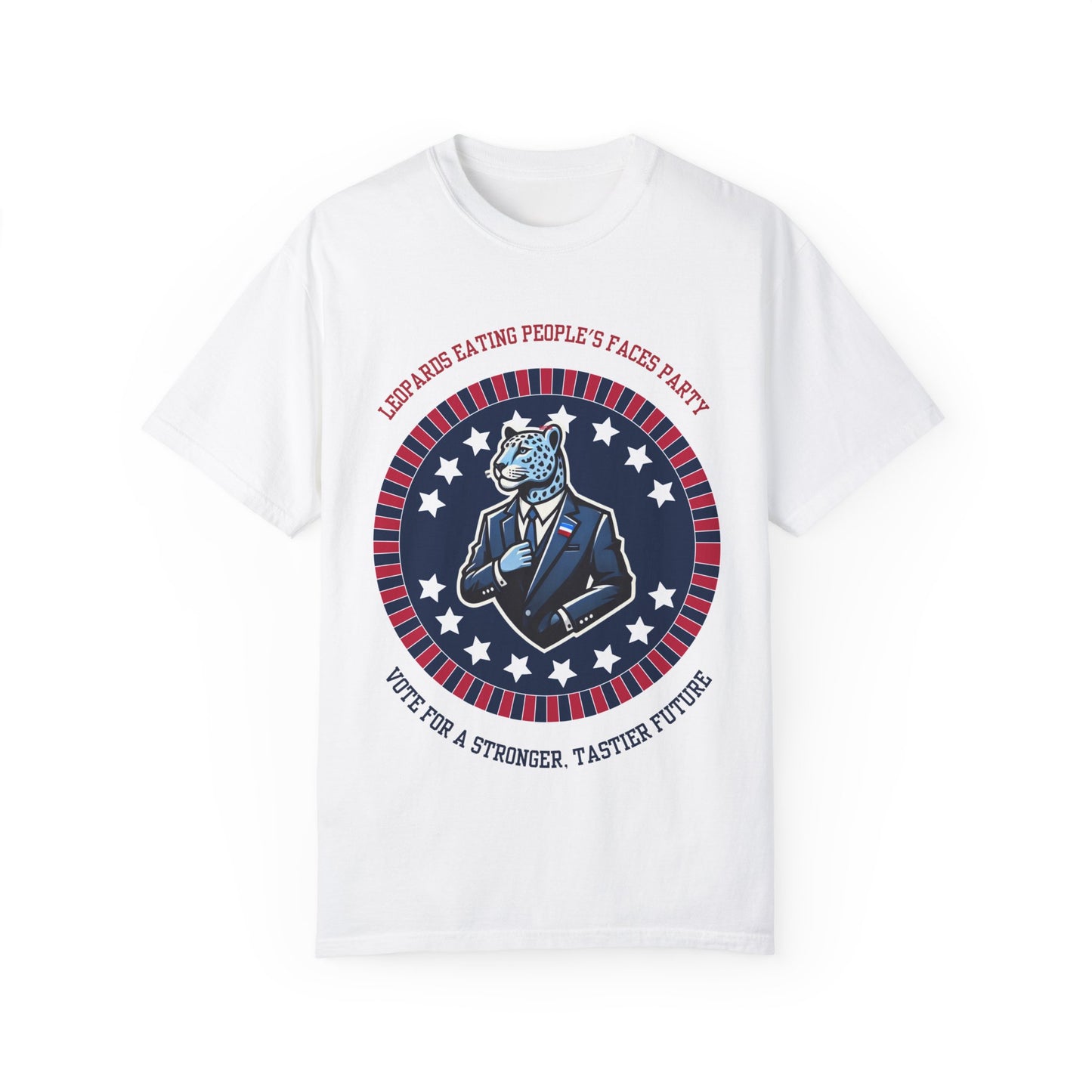 Printify white T-Shirt with patriotic emblem showing a suited leopard and text leopards eating people's faces political meme shirt