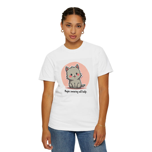 Printify white t shirt with a gray cartoon kitten and speech text cute cat maybe swearing will help shirt design