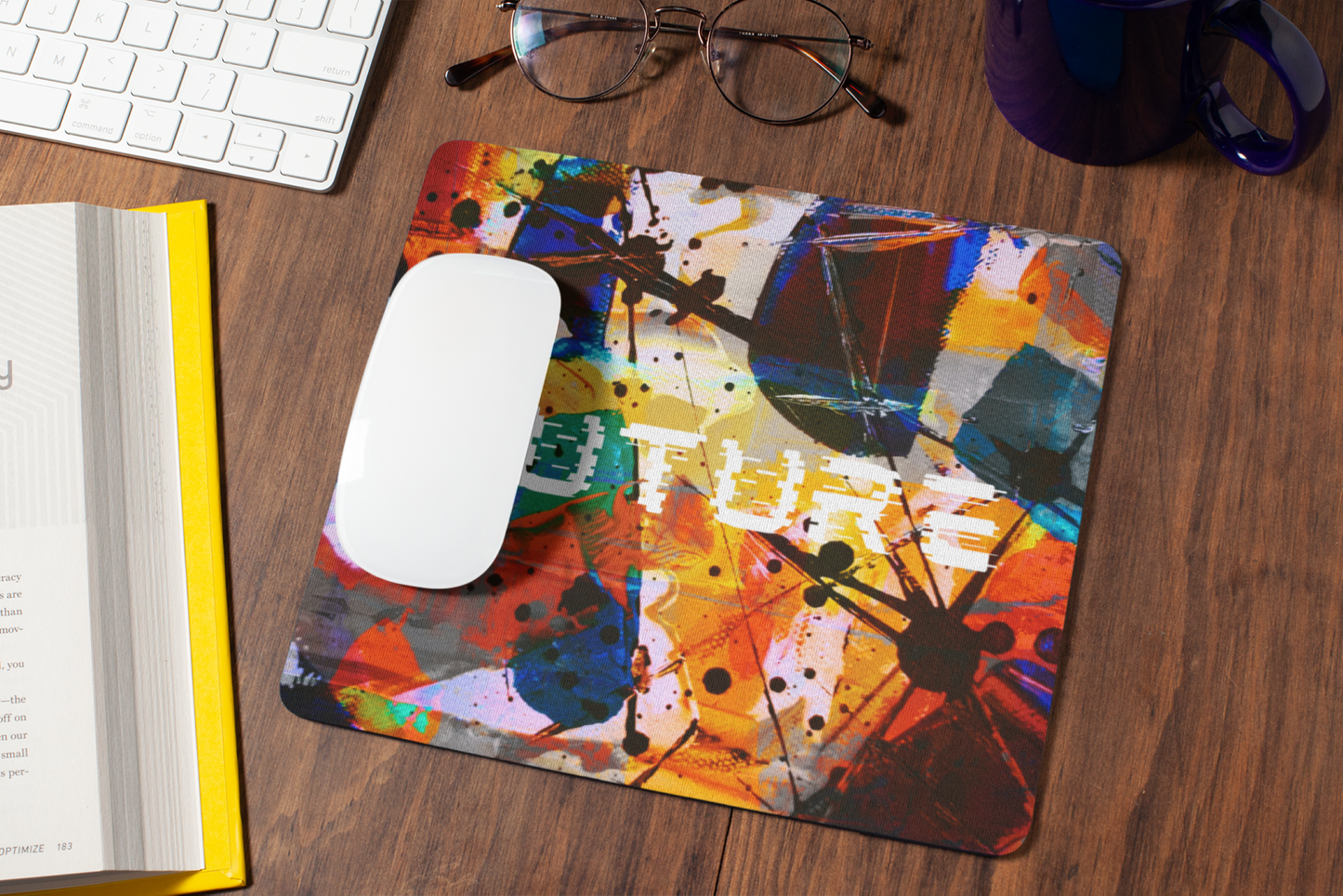 Modern graphic abstract art mousepad featuring vibrant colors and dynamic design on a wooden desk