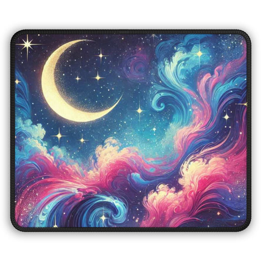 Moon dust gaming mouse pad with vibrant cosmic design featuring crescent moon and swirling colorful nebula