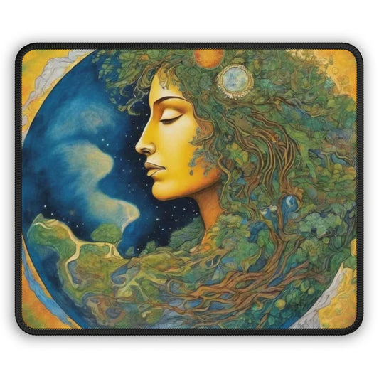 Mother Nature gaming mouse pad featuring a detailed artistic design of a woman face blending with nature and earth elements