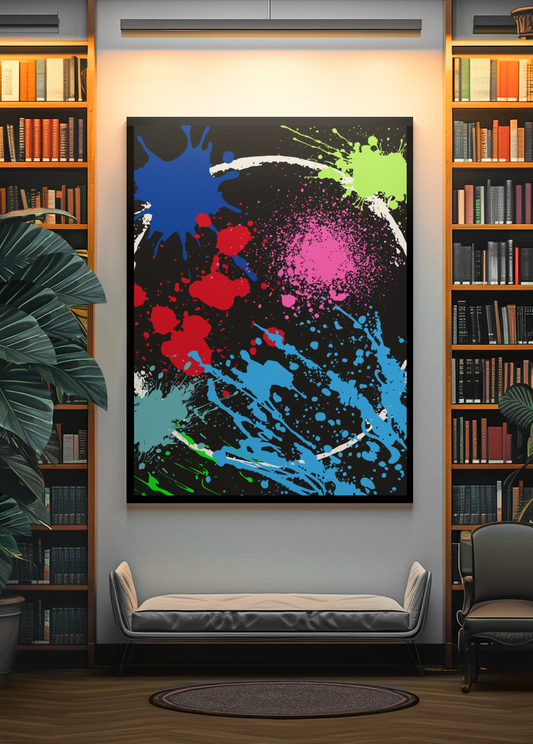 Neon eclipse abstract canvas wall art with colorful paint splatters on black background displayed in modern living room