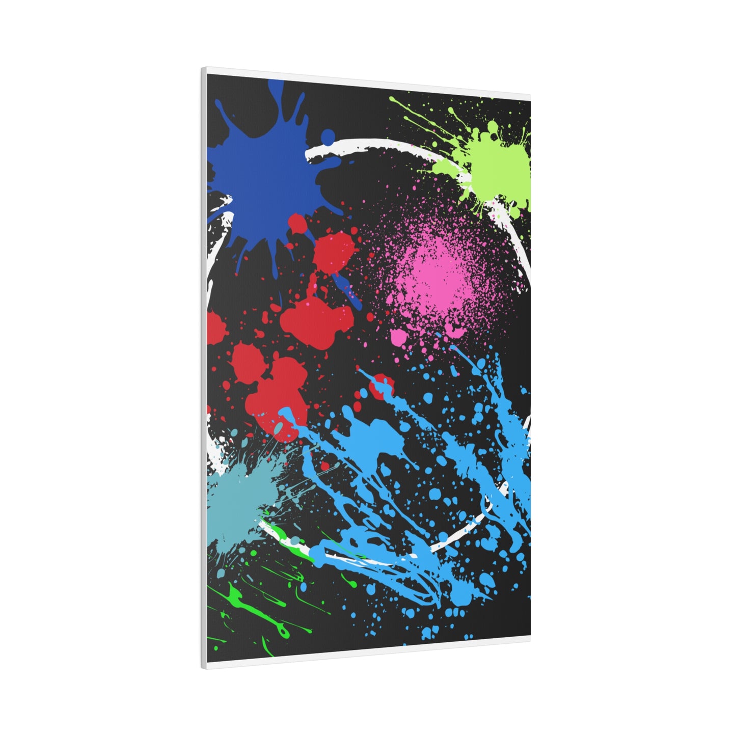 Neon eclipse abstract canvas wall art with colorful splashes on black background by Printify