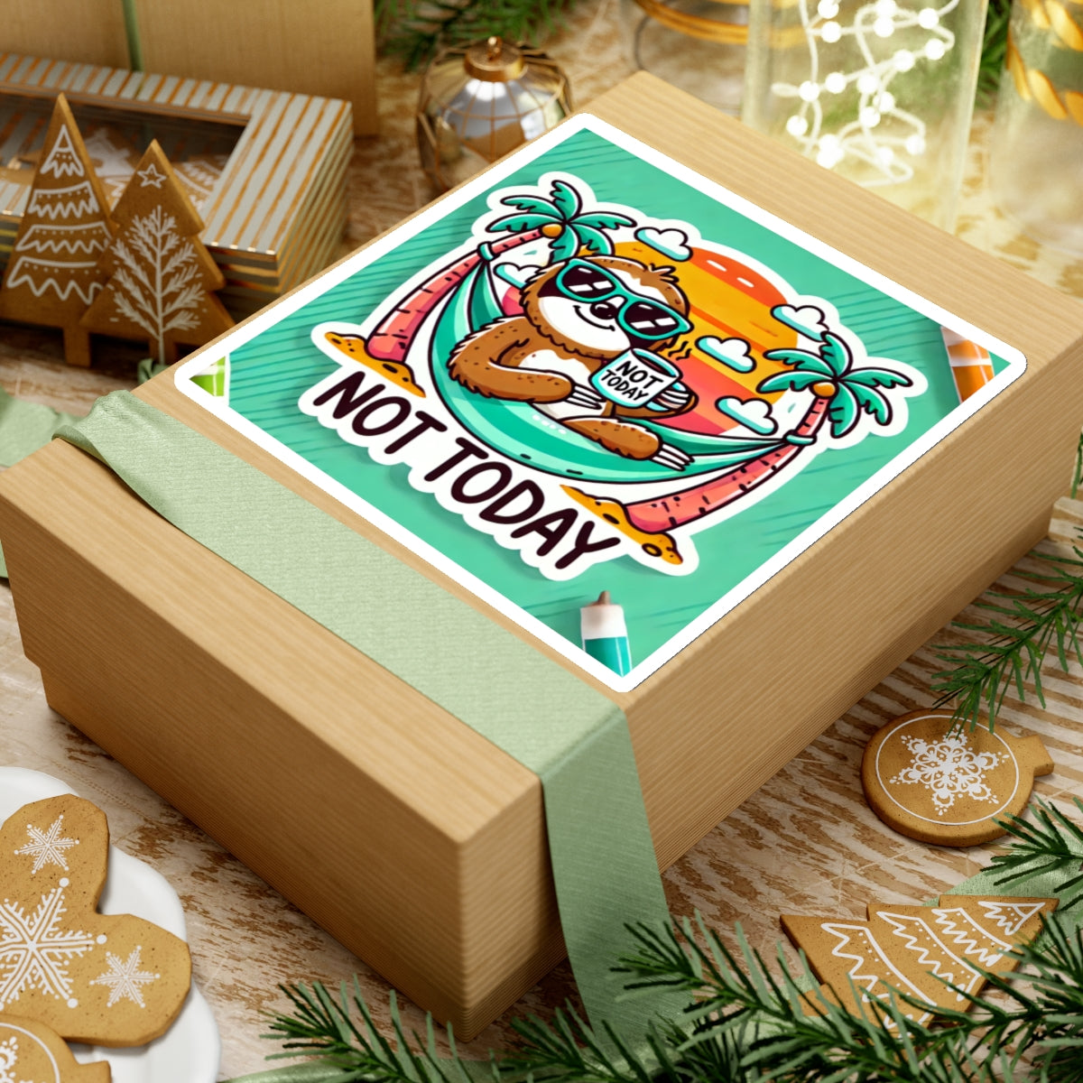 Not today funny sloth sticker featuring a sloth with sunglasses on a hammock between palm trees on a gift box