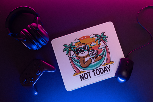 Not today sloth meme mouse pad with a sloth holding a sign and relaxing between palm trees