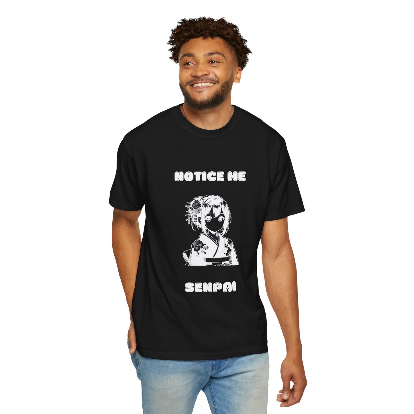 Printify black unisex t shirt with white anime girl and NOTICE ME SENPAI text anime meme notice me senpai clothing for adults