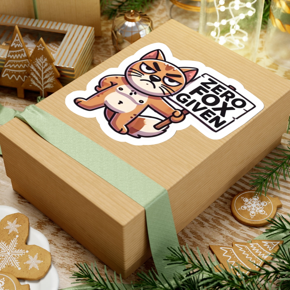 Printify cute sarcastic animal zero fox given pun sticker on kraft gift box with green ribbon and holiday cookies and ornaments