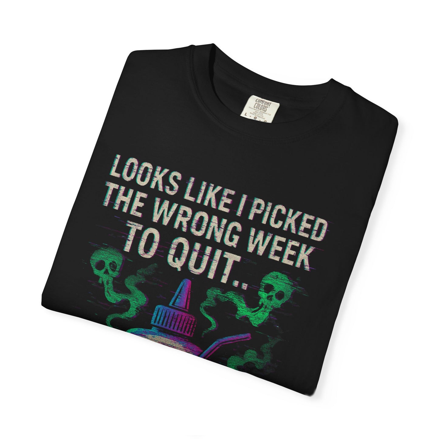 Black Printify t shirt with neon skulls glue bottle and distressed slogan sniffing glue movie quote meme unisex shirt