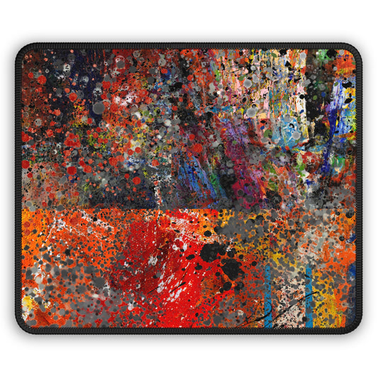 Printify red and orange abstract splatter art mousepad with vivid paint splatters and stitched black edge