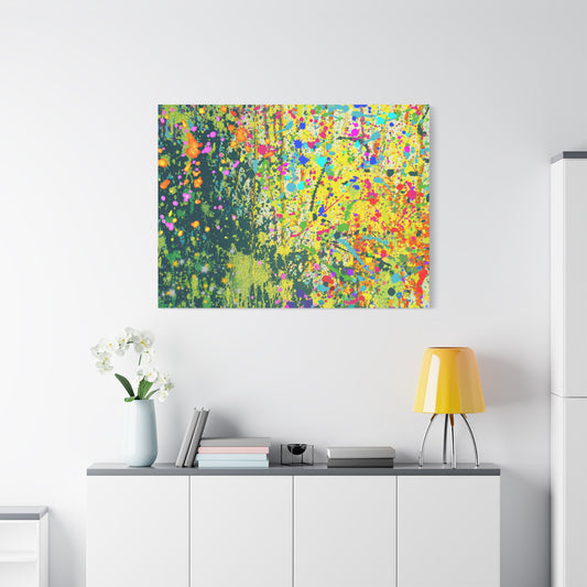 Vibrant colorful paint splatter abstract art canvas print on a modern wall display