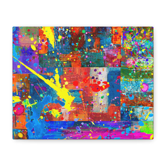Vivid abstract patchwork art canvas print featuring vibrant colors and dynamic splashes
