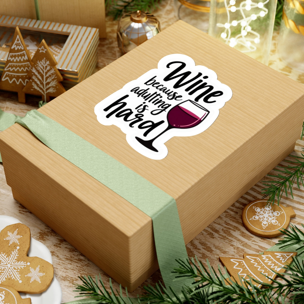 Printify paper product gift box with a wine because adulting is hard funny sticker on top