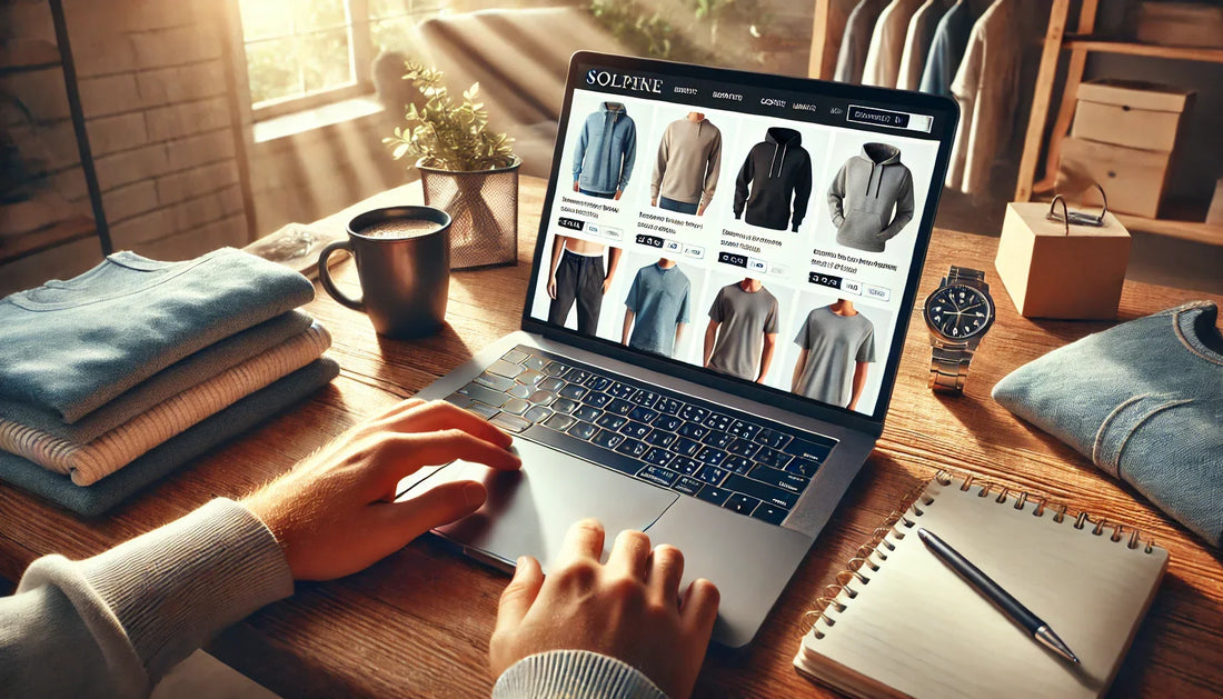 Person browsing best print-on-demand products 2025 including custom hoodies and t-shirts on laptop at wooden desk