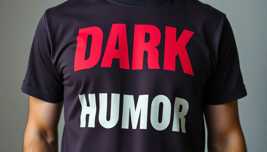 Person wearing a black t-shirt with bold humorous accessories featuring the words dark humor in red and white letters