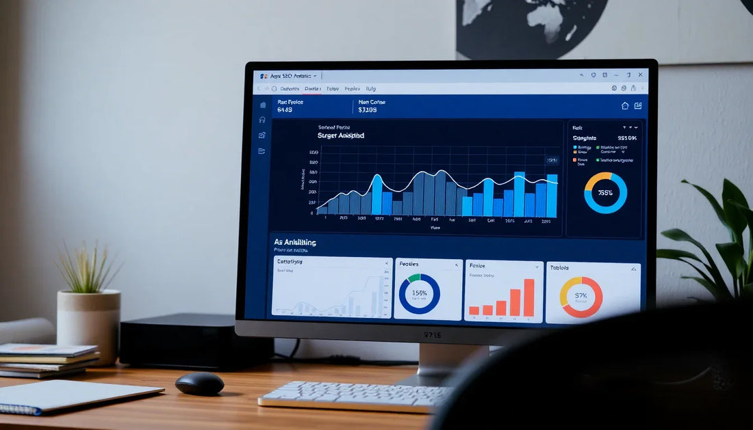 Computer screen displaying analytics and graphs for SEO for print-on-demand websites on a desk setup