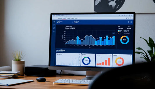 Computer screen displaying analytics and graphs for SEO for print-on-demand websites on a desk setup
