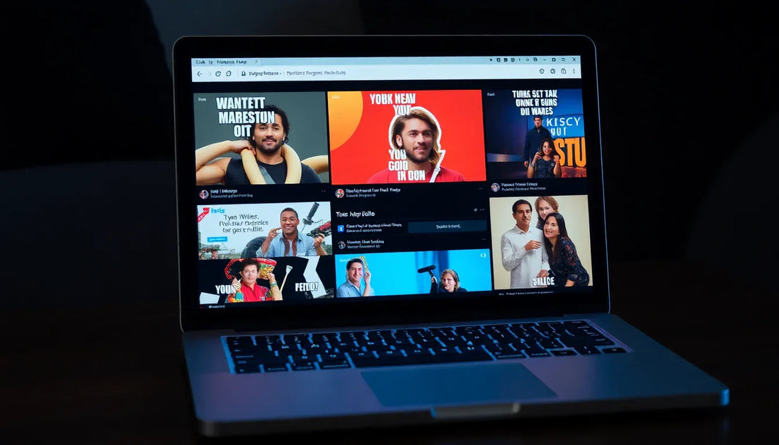 Laptop screen displaying a collection of memes for print-on-demand marketing with various humorous images