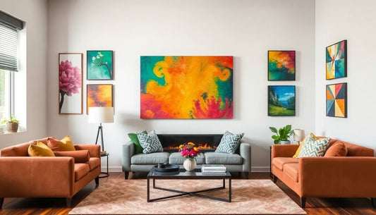 Living room decorated with colorful unique canvas art ideas on walls above modern sofas and a coffee table