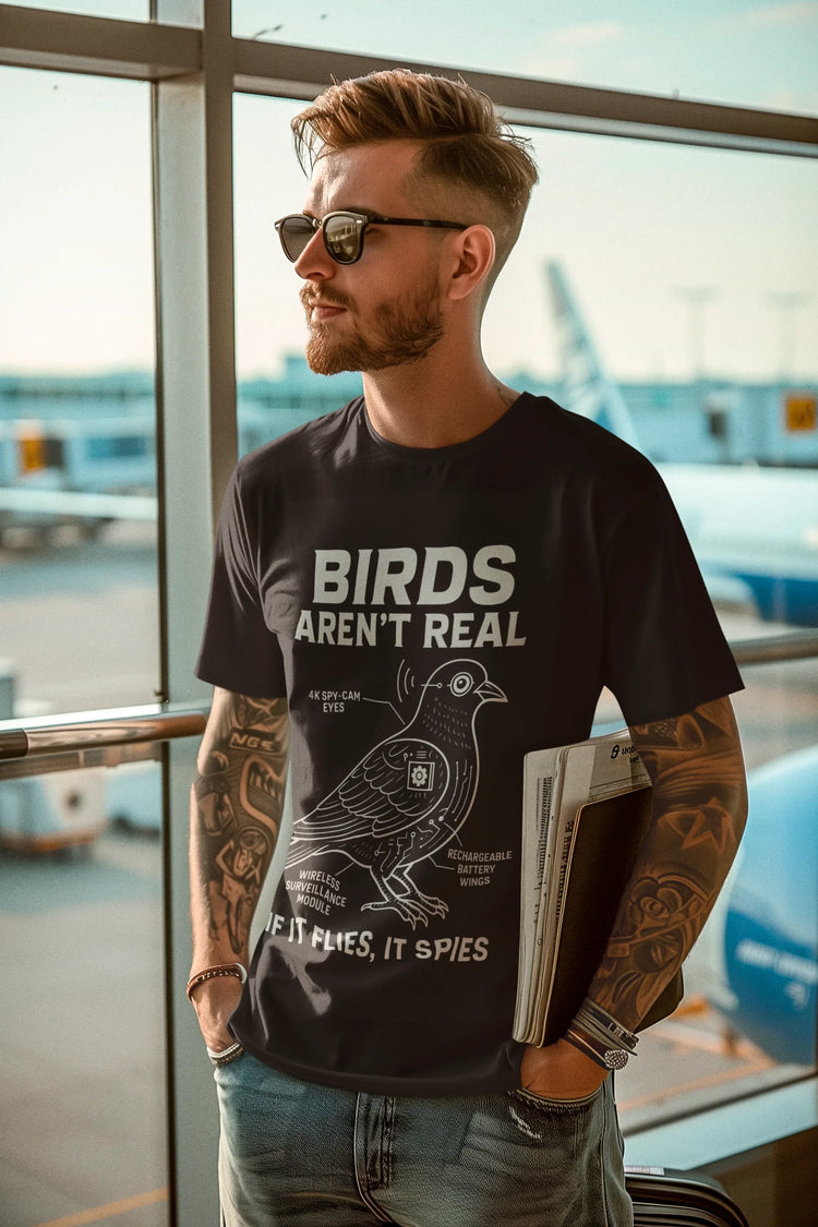 Man wearing a black t-shirt with unique featured products with attitude graphic design at the airport