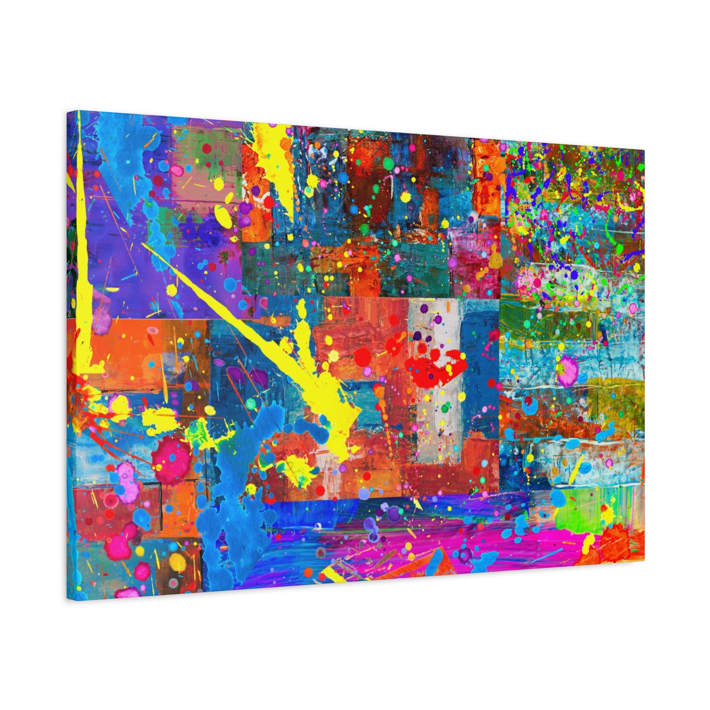 Vivid Neon Chaos Canvas Print Abstract Patchwork Splatter Art - Paragon Prints