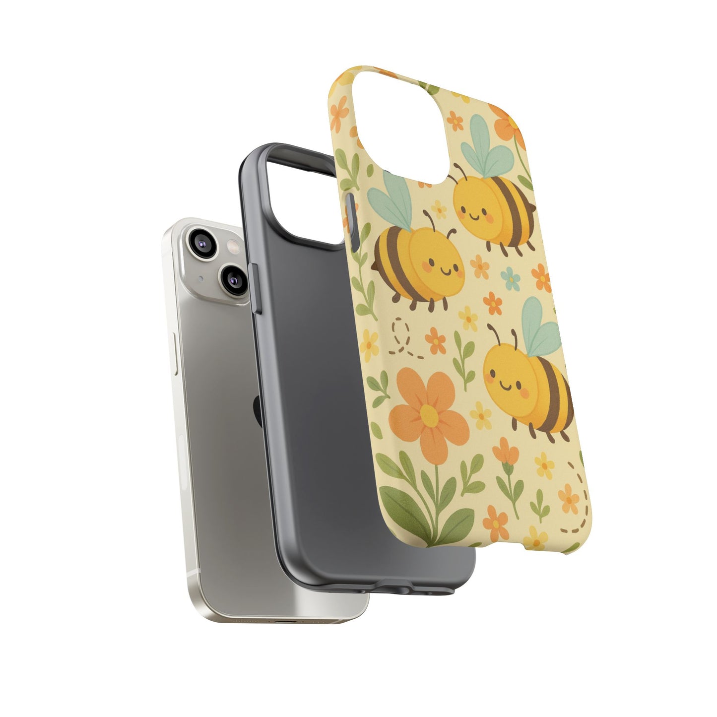 Three Printify phone cases are shown: one plain black, one transparent, and the Cute Cartoon Floral Bee Tough Phone Case featuring a yellow, orange, and green bee and flower design—an ideal gift for bee lovers—floating above a white iPhone.