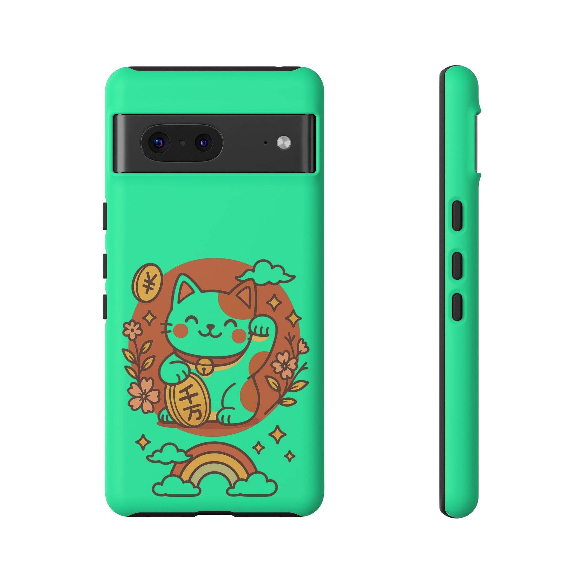 The Printify Japanese Kawaii Lucky Cat Protective Phone Case is shown from the back and side, featuring a green dual-layer design with a smiling lucky cat holding a coin, surrounded by flowers, clouds, and a rainbow.