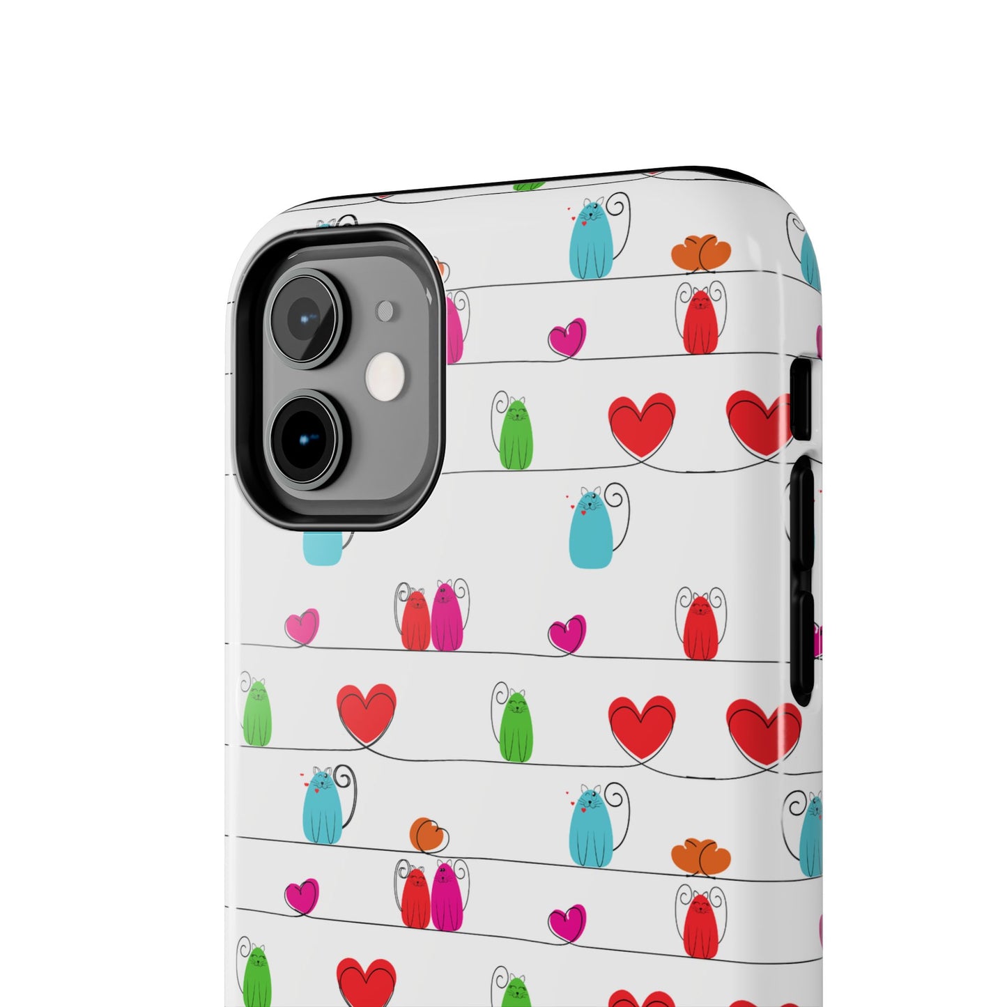 The whimsical cat print phone cover - Cute & Durable is an impact-resistant case for iPhone and Samsung, featuring playful blue, green, red, and orange cats with red hearts on a white background for a cheerful, colorful look.