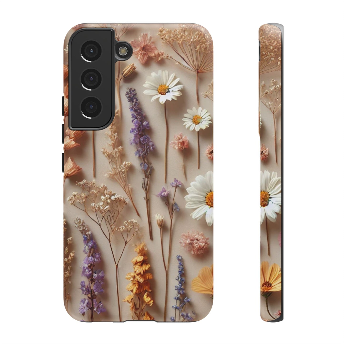 The Printify Aesthetic Pressed Flower Floral Design Phone Cover showcases daisies, lavender, and colorful blooms arranged vertically on a soft beige background, with the case displayed from the back and side angles.