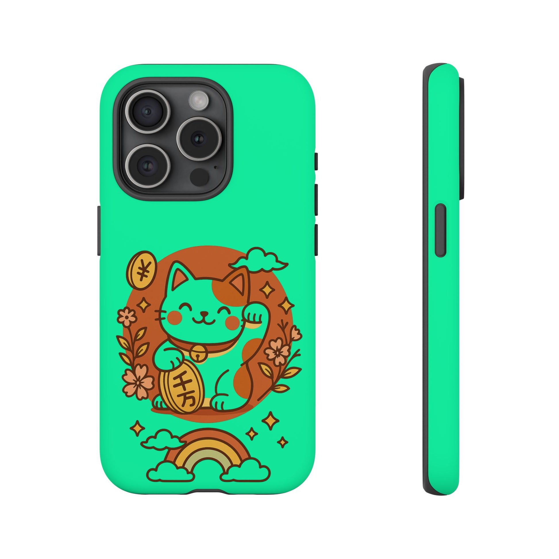 The Printify Japanese Kawaii Lucky Cat Protective Phone Case is teal with a cute cat, flowers, coins, clouds, and a rainbow, shown from both the back and side.