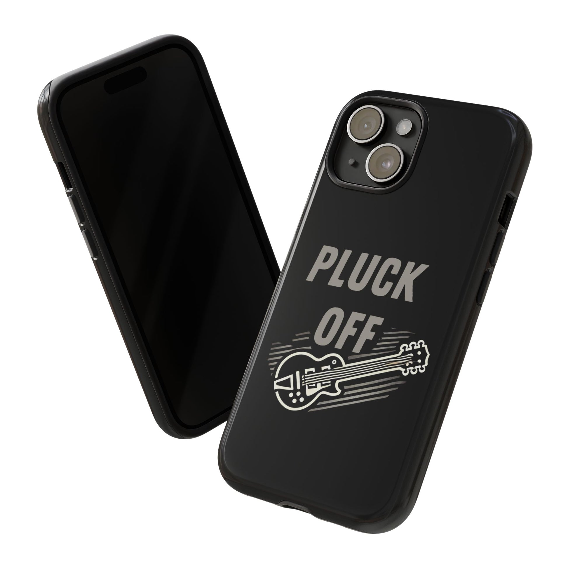 The Funny Pun Pluck Off Tough Phone Case is shown in black, with one case facing forward and the other backward. The back features an electric guitar graphic and bold white text saying "PLUCK OFF.