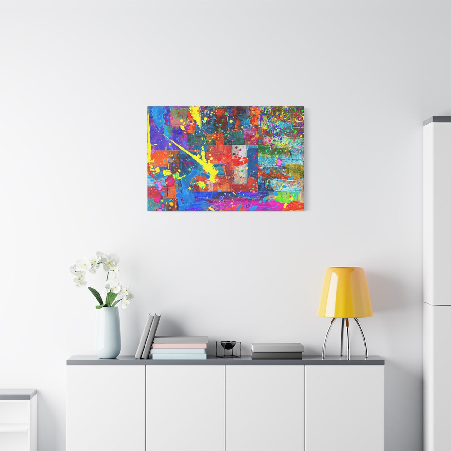 Vivid Neon Chaos Canvas Print Abstract Patchwork Splatter Art - Paragon Prints