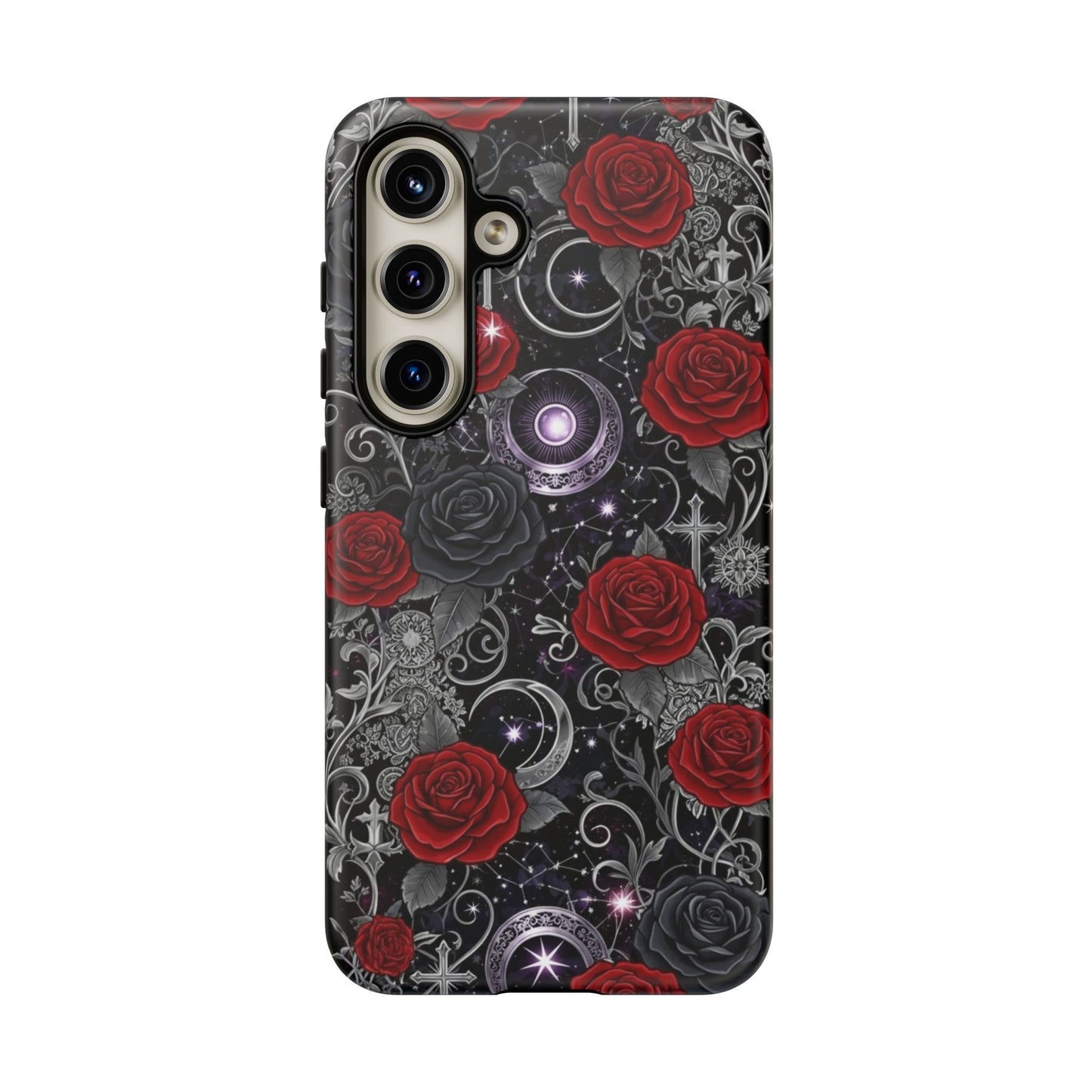 The Dark Gothic Red Roses Matte Tough Phone Case by Printify features red and black roses, silver ornate patterns, crescent moons, and celestial elements—ideal for those seeking bold, mysterious elegance in a protective phone case.