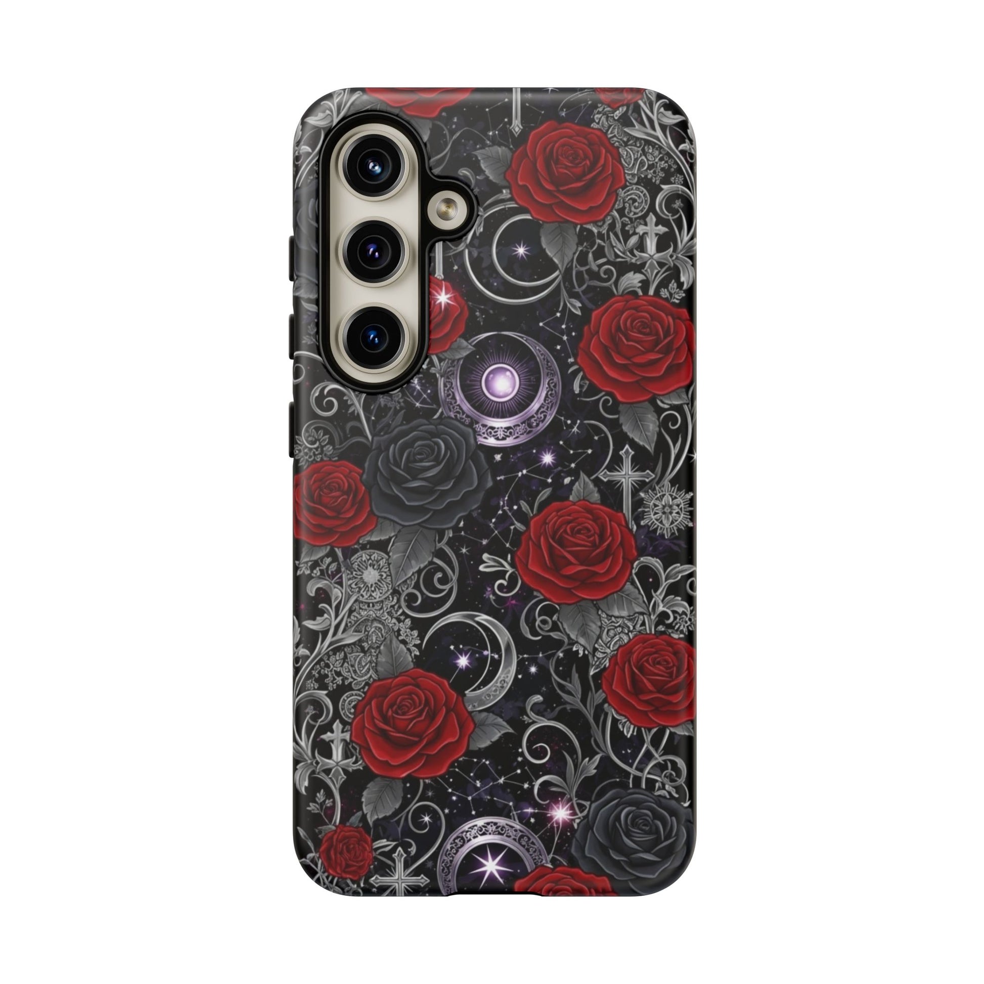 The Dark Gothic Red Roses Matte Tough Phone Case by Printify features red and black roses, silver ornate patterns, crescent moons, and celestial elements—ideal for those seeking bold, mysterious elegance in a protective phone case.