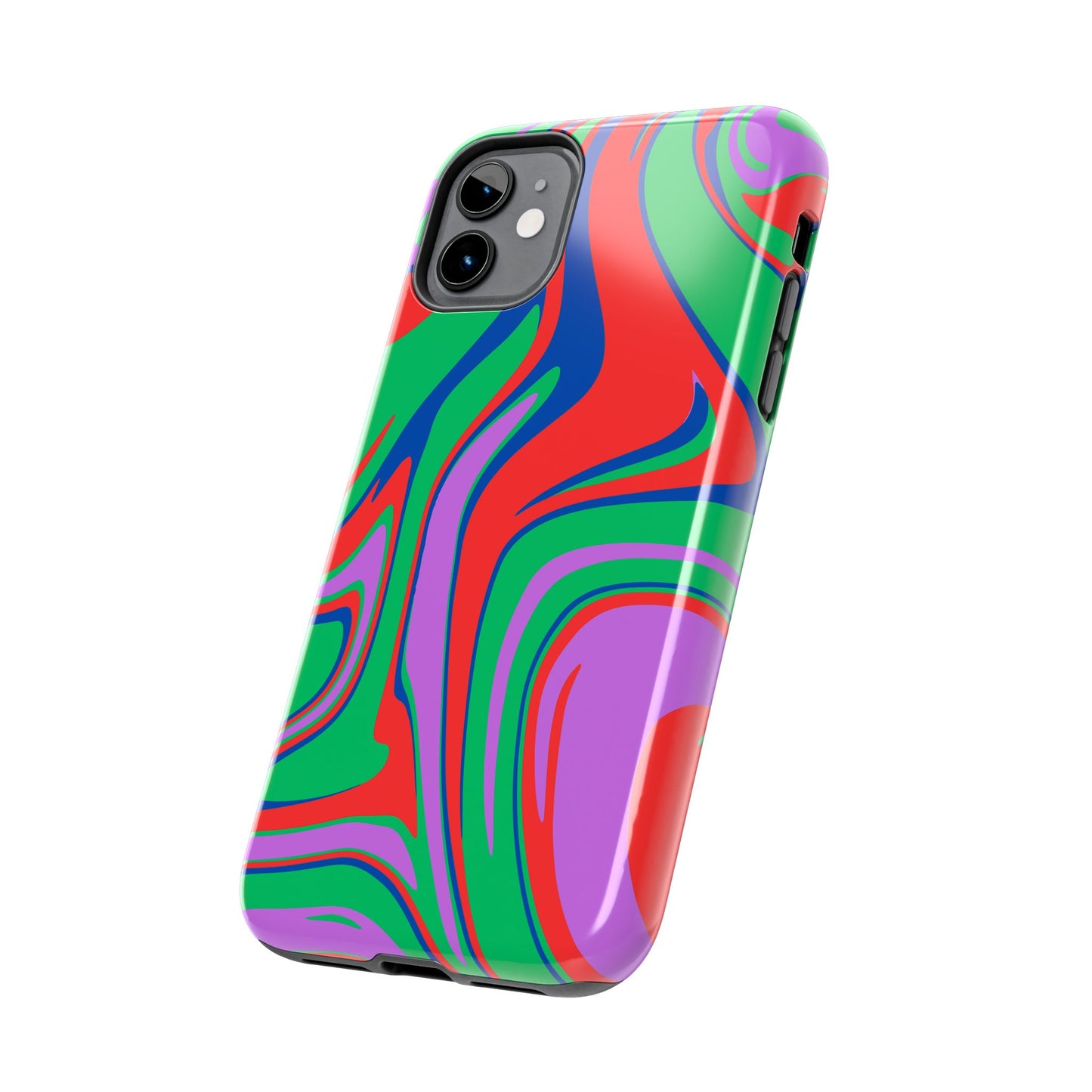 The Colorful Zebra Print Phone Case with Bold Design features a vibrant abstract swirl in red, green, purple, and blue, displayed at an angle against a white background.