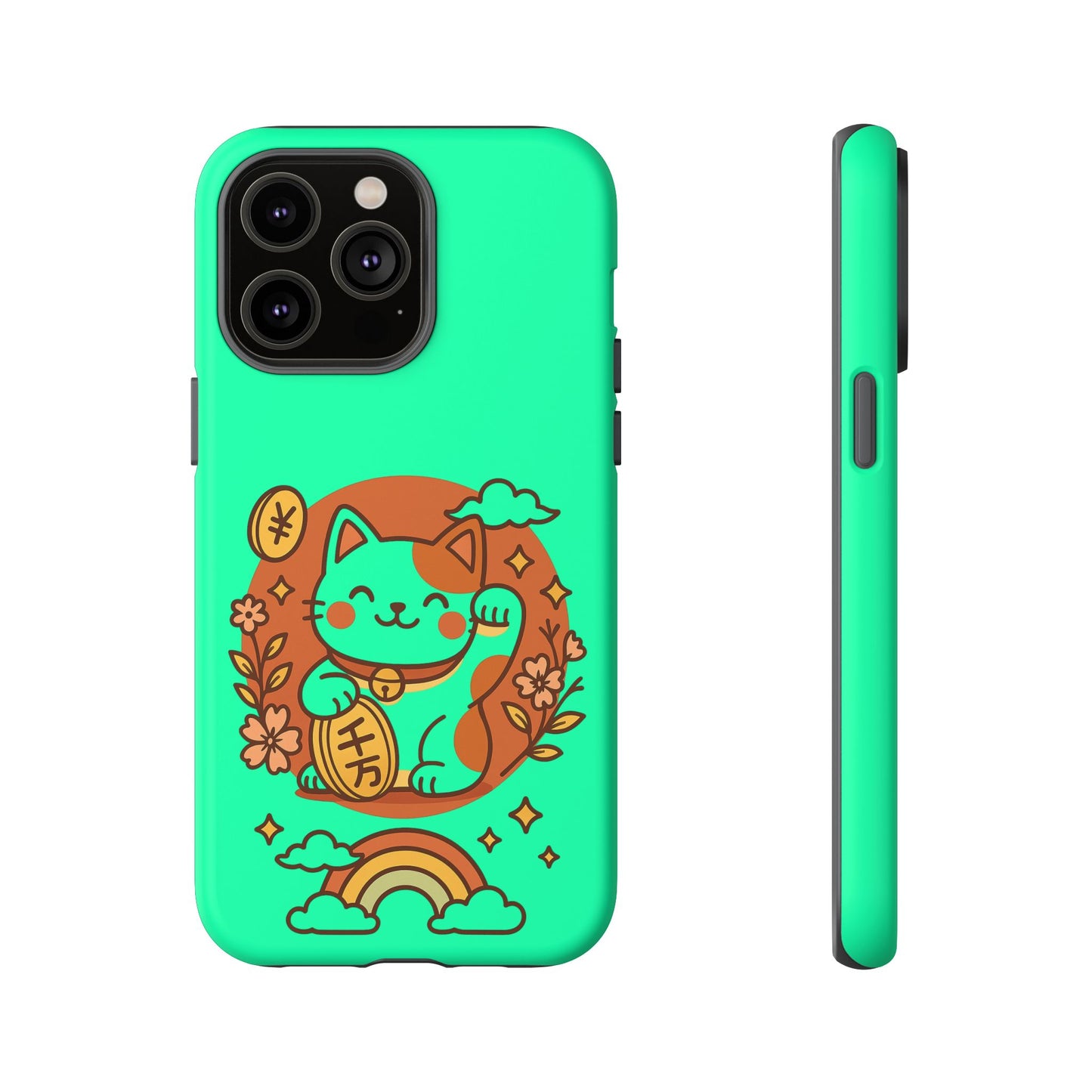 The Printify Japanese Kawaii Lucky Cat Protective Phone Case features a bright green dual-layer design with a cute cartoon maneki-neko holding a coin, surrounded by flowers, clouds, and a rainbow, shown from back and side angles.