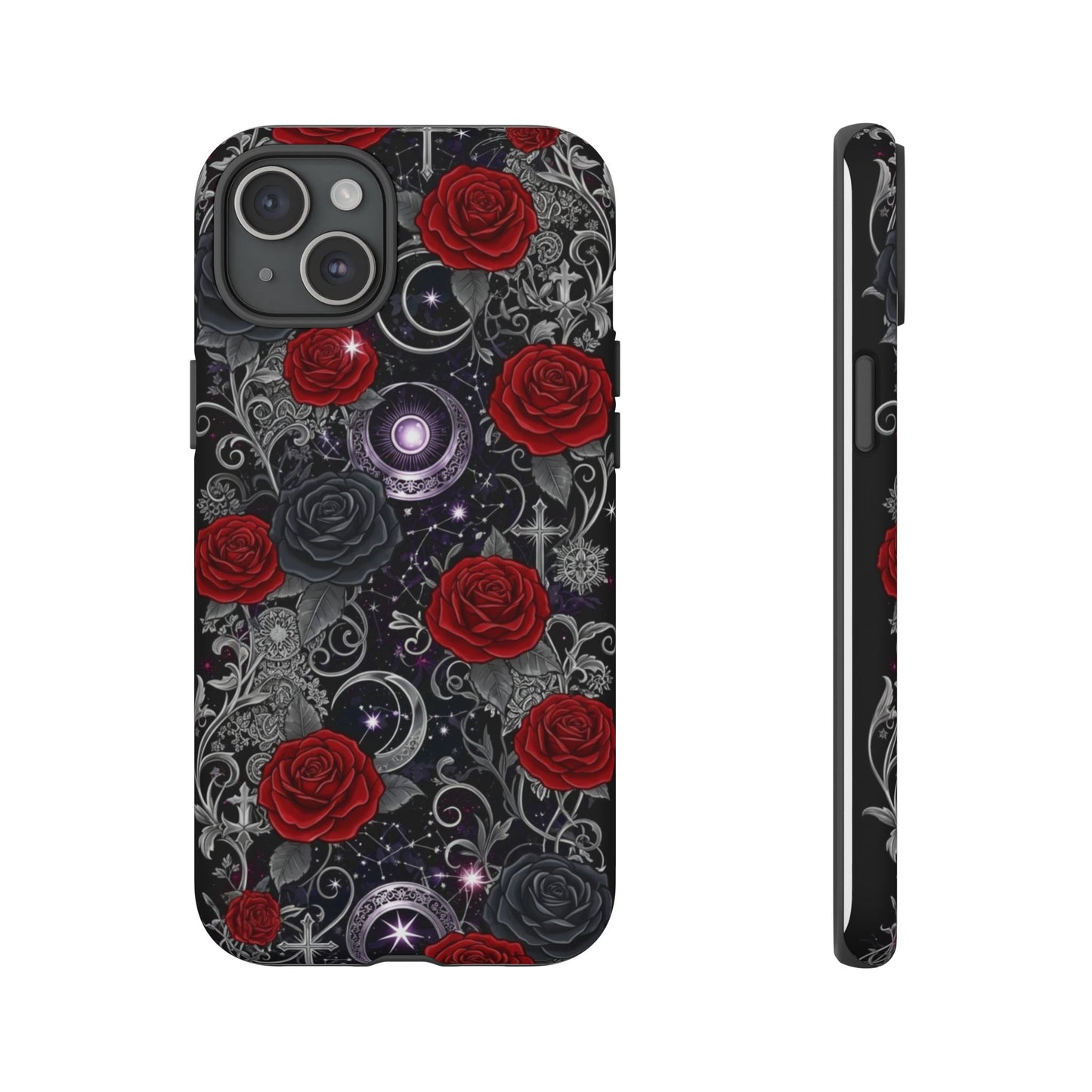 The Dark Gothic Red Roses Matte Tough Phone Case by Printify showcases red roses, silver leaves, filigree, crescent moons, and stars on matte black, shown from back and side views—ideal for anyone seeking both elegance and durability.