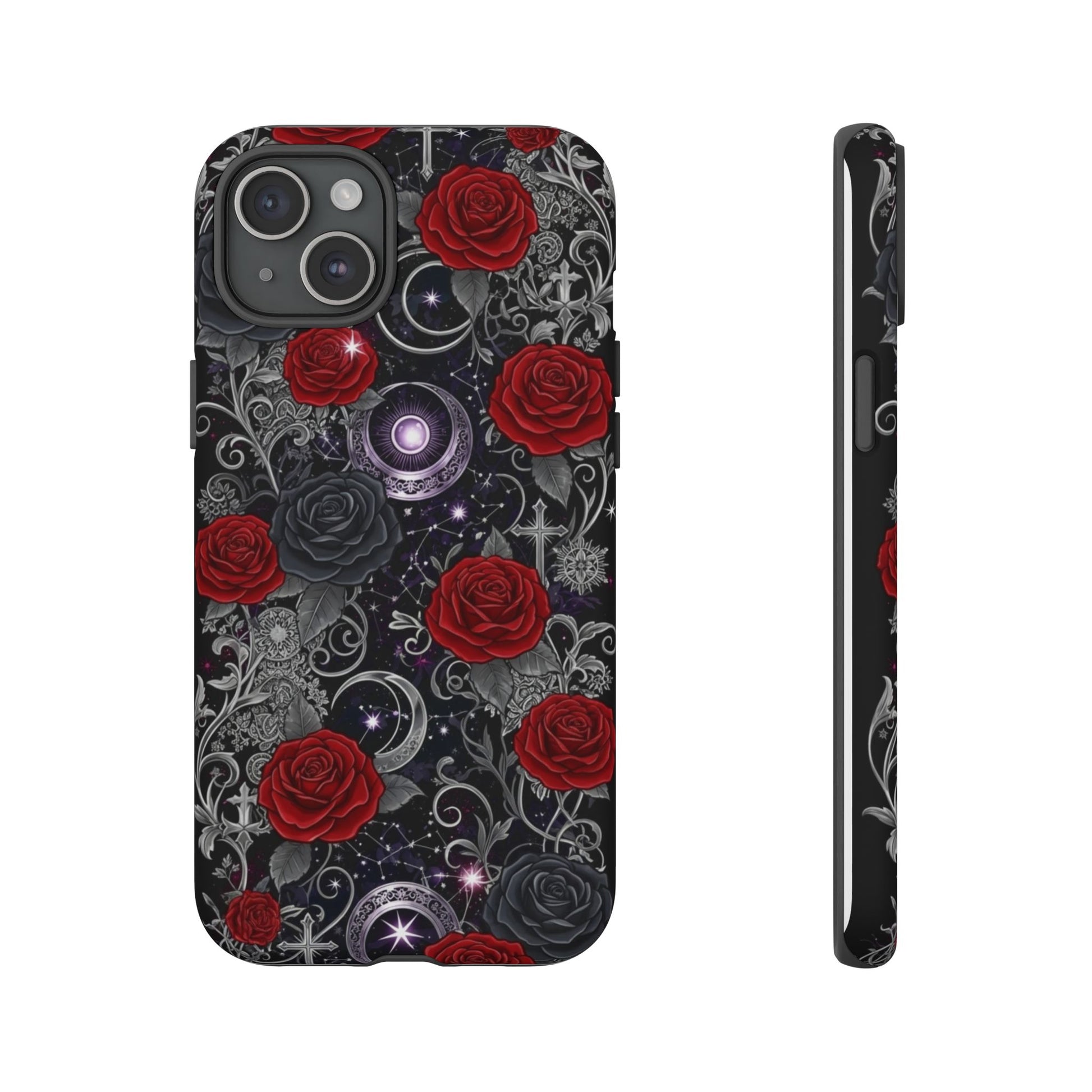The Dark Gothic Red Roses Matte Tough Phone Case by Printify showcases red roses, silver leaves, filigree, crescent moons, and stars on matte black, shown from back and side views—ideal for anyone seeking both elegance and durability.